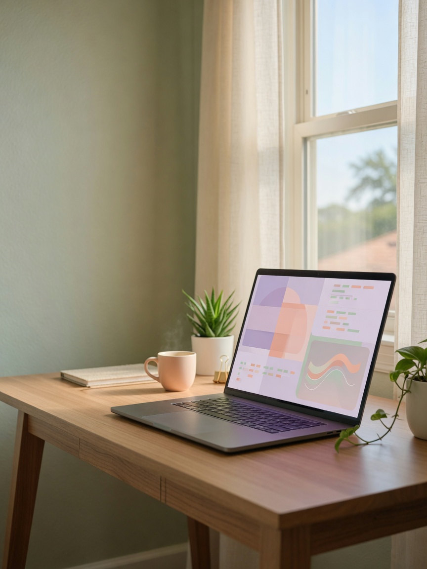 Modern home office setup with laptop and green plant in soft morning light